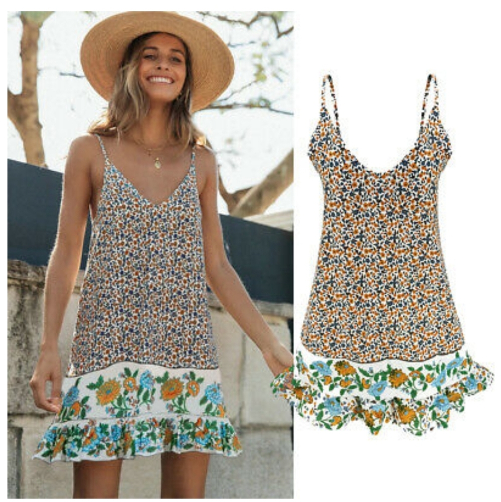 BOHO STRAPPY V-NECK FLORAL MINI DRESS